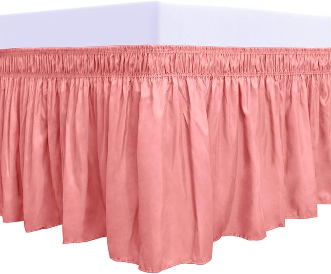 PureFit Wrap Around Ruffled Bed Skirt with Adjustable Elastic Belt - 14 Inch Drop Easy to Put On, Wrinkle Free Bedskirt Dust Ruffles, Bed Frame Cover for Queen, King and C-King Size Beds, Pink