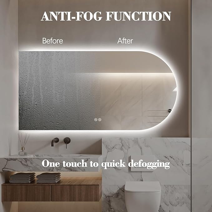 Arched LED Bathroom Mirror, 40"x24" Arch Framless Backlit Mirror with Lights Vanity Mirror for Makeup, Anti-Fog, Dimmable, 3-Color, Memory Function, IP65 Waterproof, UL Listed, Horizontal-Left