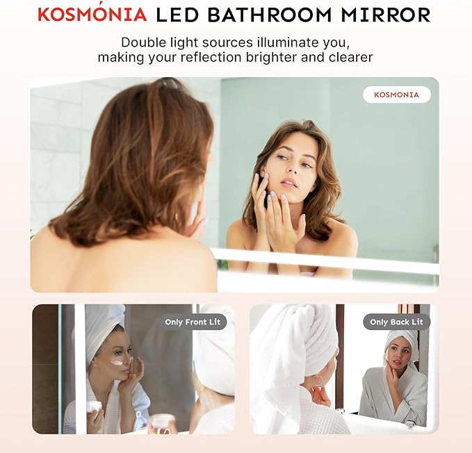 32x48'' LED Bathroom Mirror with Light, Frameless, Dimmable Front & Backlit, Anti-Fog, Distortion Free, Light Memory, Tempered and Shatter-Proof Wall Mounted Vanity Silver Coating Mirror