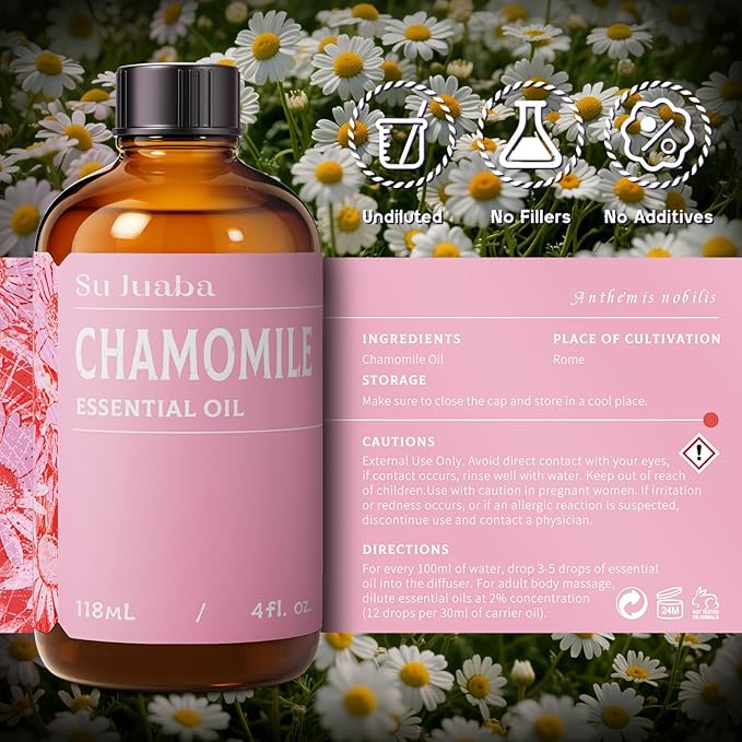 SU JUABA Chamomile Essential Oil 4 Oz, 100% Pure Natural for Relaxation, Skin Care, Massage, Sleep & Aromatherapy - 118ML