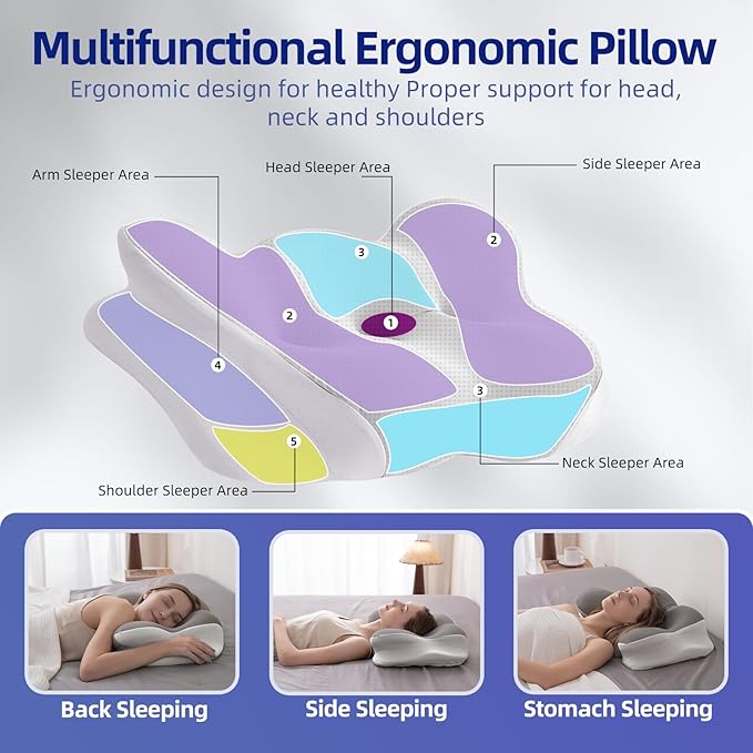 Cervical Neck Pillow - Memory Foam Pillows for Pain Relief Sleeping with Cooling Pillowcase, Ergonomic Contour Odorless Bed Pillow for Back Side Shoulder Stomach Sleeper, Queen Gray