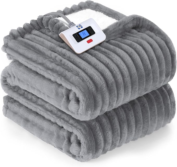 SEALY Electric Blanket Twin Size, Soft Ribbed Flannel to Sherpa Reversible Heated Blanket with 10 Heat Settings & 1 to 12 Hours Auto-Off Overheat Protection Machine Washable, 62"x84" Light Grey
