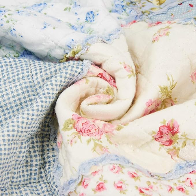 Cozyholy Original 100% Cotton Patchwork Quilt Full Queen Size Blue Floral Bedspread Coverlet Reversible Vintage Shabby Chic Quilted Throw Blanket Bed Quilt Cover for Couch Sofa