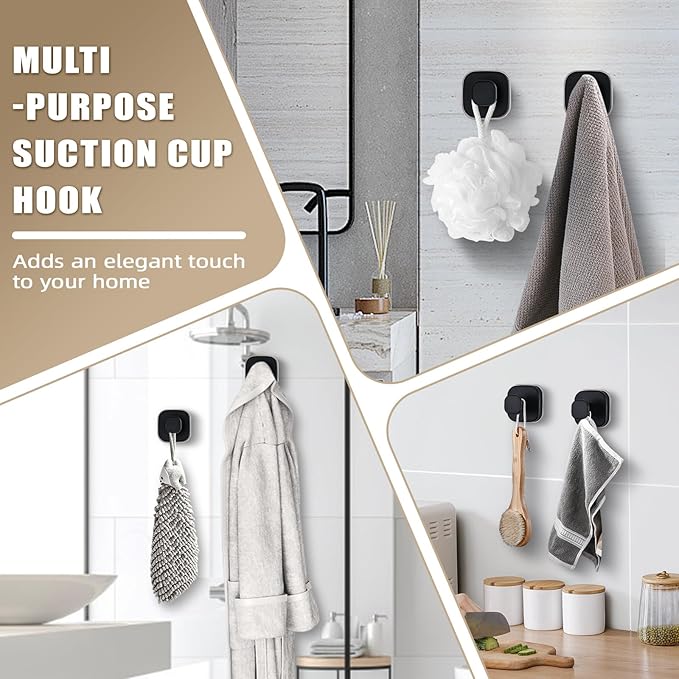 Suction Cup Hooks for Shower - Resuable Bathroom Hooks for Towels, Robes & Loofah - No-Drill Mounting on Kitchen,Walls,Metal,Glass,Mirrors,Tile & Smooth Non-Porous Surfaces (2, Matte Black)