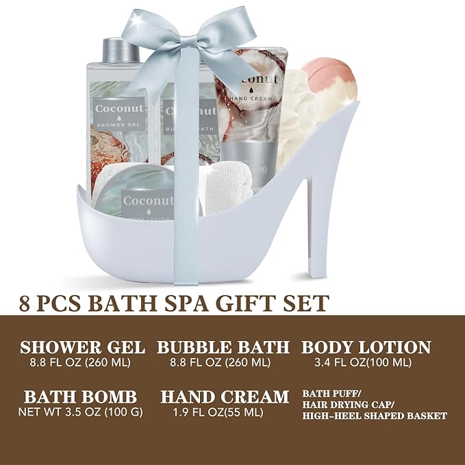 Tropical Coconut Christmas Gifts for Women Spa Basket, High Heel Bath Set with Shea Butter & Exotic Oils, Mother's Day Gifts for Mom, Her, Wife
