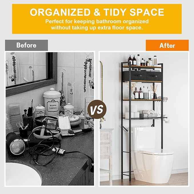 4-Tier Over Toilet Bathroom Organizer with 2 Drawers, Wooden Over Toilet Storage with Adjustable Shelf, Paper Holder, Hooks, 23.6" W Freestanding Bathroom Shelves Over Toilet Space Saver