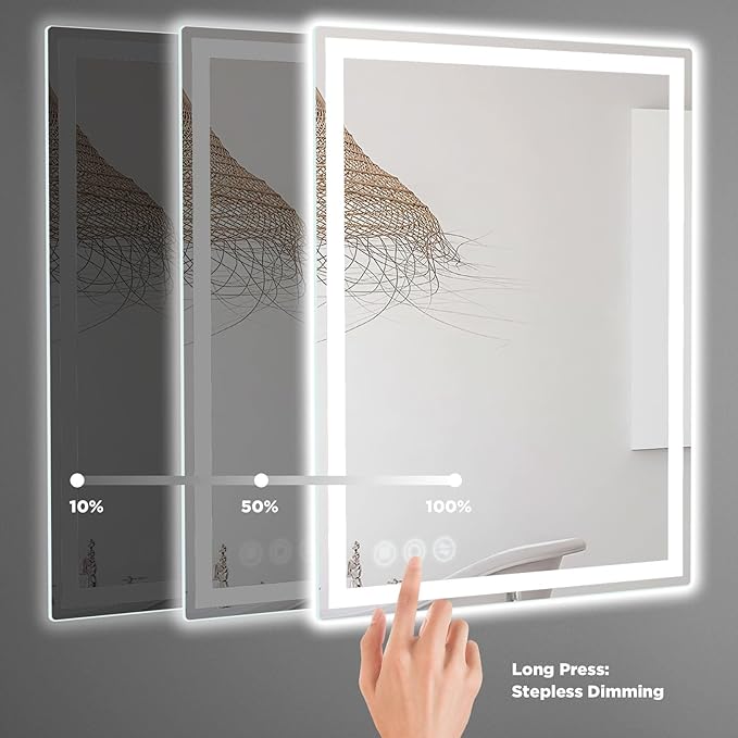 Bathroom Mirror, 28"x 36" Vanity Mirror with Lights, LED Mirrors with Anti-Fog, Stepless 3 Colors Temperature & Dimmable, Memory Tempered Glass Bathroom Mirrors for Over Sink