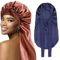 2Pcs Bonnets for Women Sleeping Braid Bonnet, Large Long Satin Silk Bonnet for Braids, Black Women Braid Bonnets with Stretchy Tie Band for Sleeping Extra Long (Brown & Dark Blue) Purple