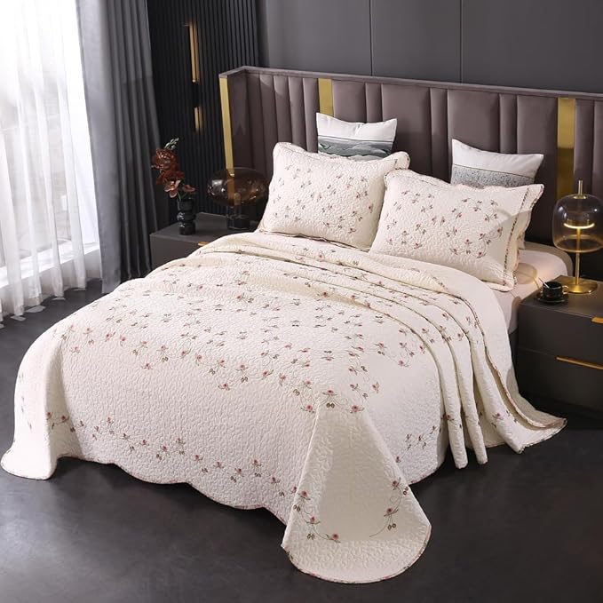 Quilt Set Floral Leaves 3D Embroidery Pattern 3 PCS Cotton Reversible Quilted Embroidered Decorative Bedspreads Coverlet Set, Lightweight &Soft Queen Size Beige Bedding Coverlet for All Season