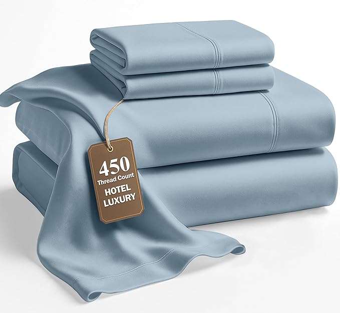 LANE LINEN Deep Pocket California King Sheet Set – 450 Thread Count 100% Long Staple Cotton, Soft Breathable Sateen Weave, 15” Fully Elasticized Fitted Sheet, Hotel Bedding & Pillowcases, French Blue