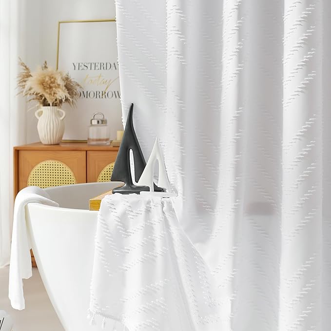 Stall Shower Curtain 36x72 White Fabric Shower Curtain Stall Size Cloth Shower Curtains Tufted Chevron Striped Textured Modern Farmhouse Minimalist for Bathroom Decor