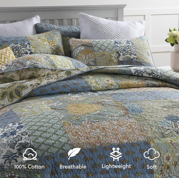 Cotton Bedspread Quilt Bedding Sets 3 Pieces Reversible Coverlet Sets Comforters Rustic Paisley Floral Patchwork Sage Green Bedspread, Queen Size