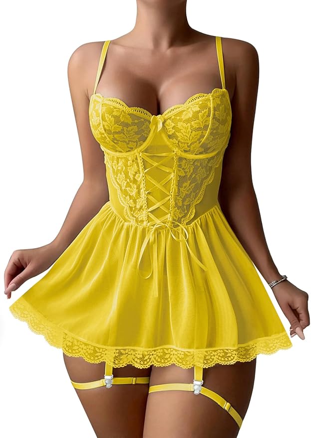 Lilosy Sexy Garter Belt Mesh Lace Babydoll Lingerie Dress Set with Thong