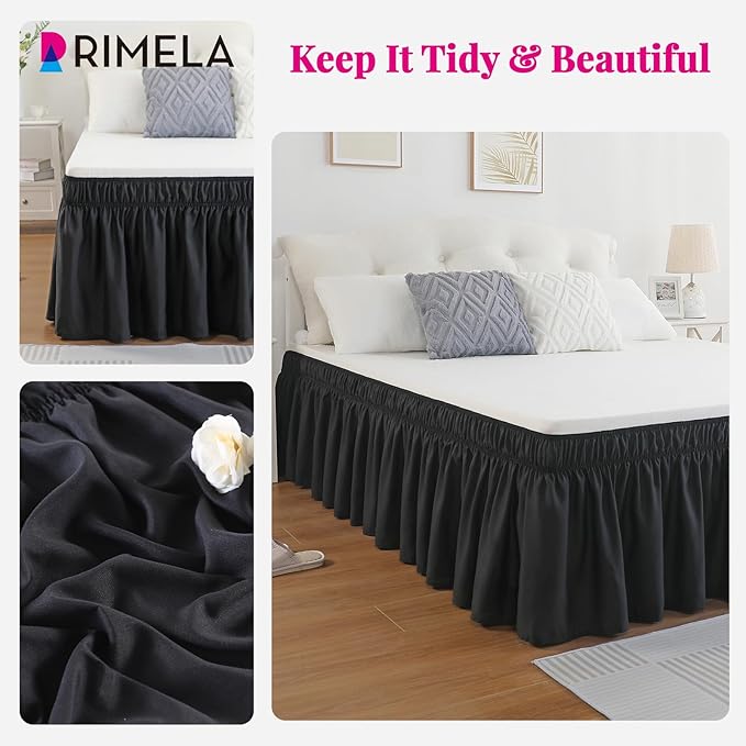 RIMELA Black Bed Skirt King Size 14 Inch Drop, Elastic Bed Skirting for Bed Base and Frame, Bedding Dust Ruffle Easy to Install, Lightweight Comforter Set with Wrap Around Adjustable Bedskirt