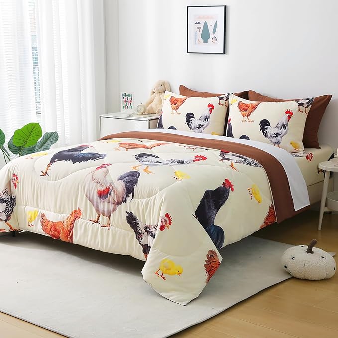 Wajade Chicken Comforter Set 7 Pcs Animal Theme Bedding Set Twin Size for Kids Adults Chicken Quilt Farm Theme Printed Pattern for Thanksgiving Birthday