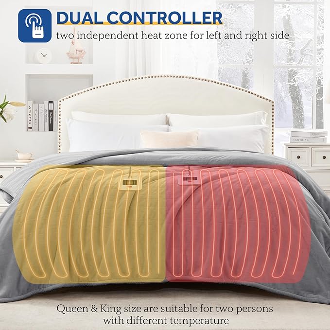 Sealy Electric Blanket King, Flannel Heated Blanket King Size with 10 Heating Levels & 1-12 Hours Auto Shut Off, Machine Washable, Light Grey, 100 x 90 Inch