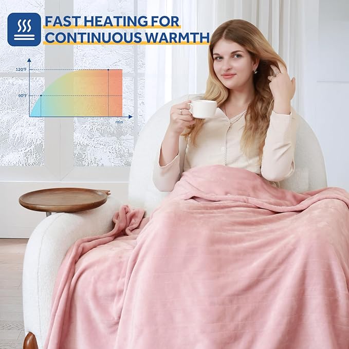 Sealy Heated Blanket Electric Throw 50"x60", Soft Double Flannel Electric Blanket with 6 Heat Levels & 2-10 Hours Auto Shut Off, Machine Washable, Even Heat Distribution, Pink