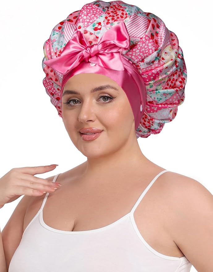 Pleated Silk Sleeping Bonnet with Eye Mask Double Layer Satin Hair Bonnets Sleep Cap for Curly Natural Hair