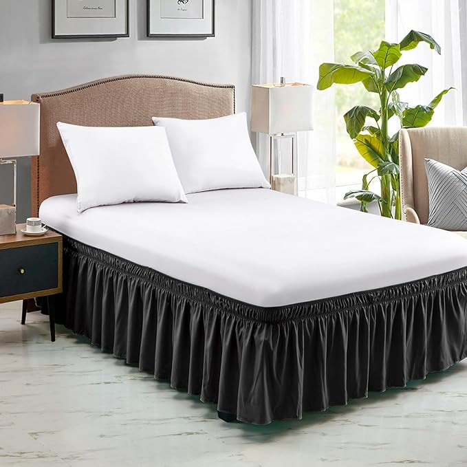 FreshCulture Twin Bed Skirt, Elastic Wrap Around Bed Skirt Twin Bed, Easy Fit with 15-Inch Tailored Drop, Hotel Quality Bed Skirts for Adjustable Bed (Black)