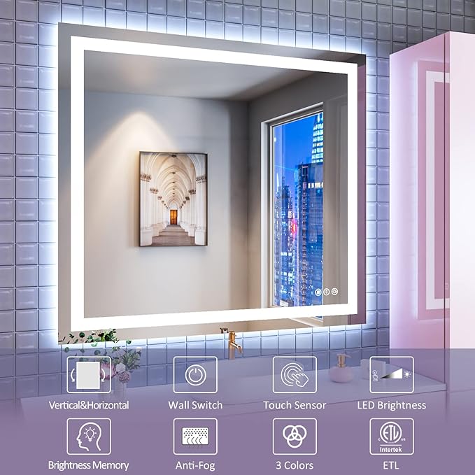 Amorho LED Bathroom Mirror 40''x 36'' with Front Light and Backlit, Stepless Dimmable Wall Mirrors with Anti-Fog, Shatter-Proof, Memory, 3 Colors, Double LED Vanity Mirror (Horizontal/Vertical)