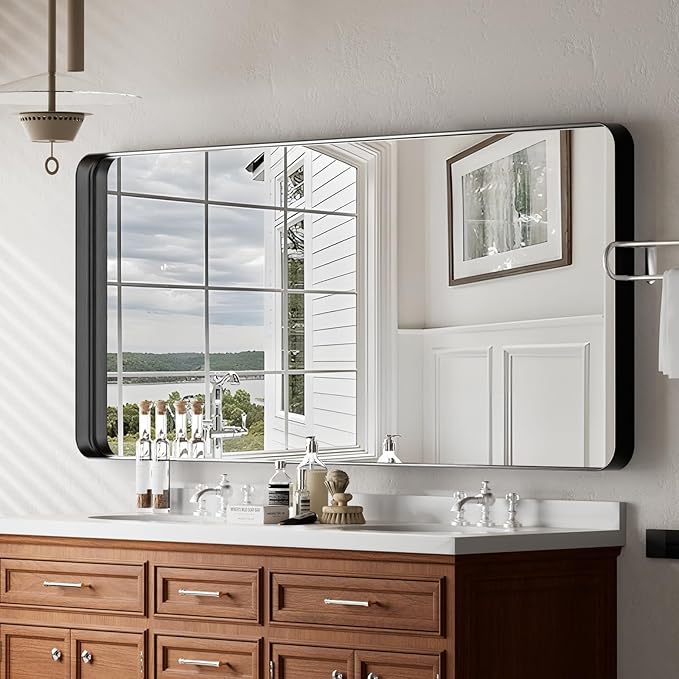 VooBang Bathroom Mirror 30x56 inch, Black Gorgeous Deep Frame Wall Mirror with Shatterproof Tempered Glass, Modern Bathroom Vanity Mirror for Over Sink Hanging Horizontal or Vertical, Black