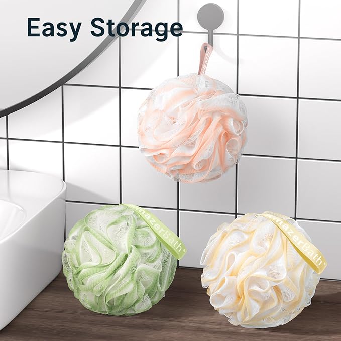 AmazerBath Loofah Sponge, Shower Loofah 60g/PCS - Body Scrubber Loofa Set of 3 Cotton Candy Trio, Bath Sponge for Men and Women