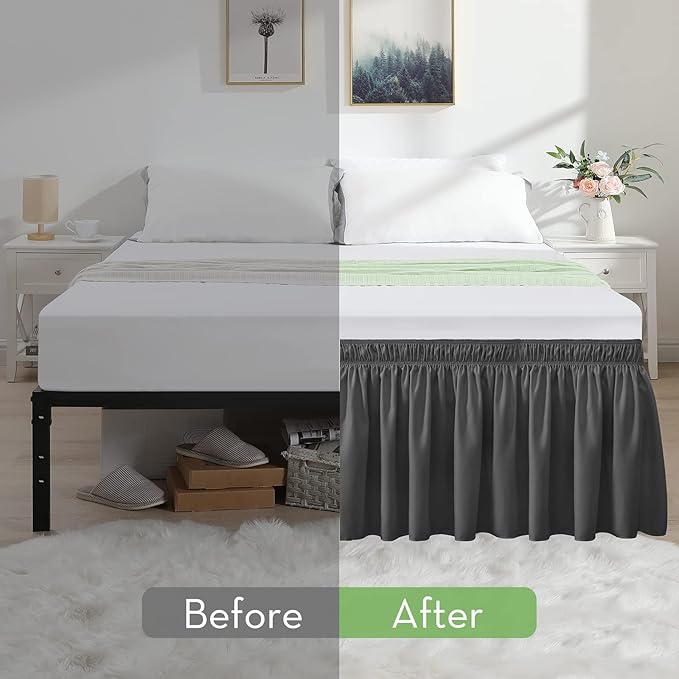 RIMELA Bed Skirt Wrap Around Elastic Dust Ruffles Solid Color Wrinkle and Fade Resistant with Adjustable Elastic Belt Easy to Install Dark Gray for King & California King Size 18 Inch Drop