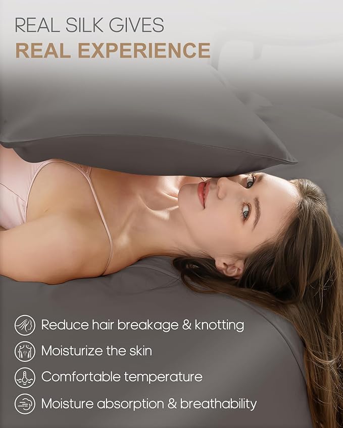 THXSILK 100% Mulberry Silk Pillow Case, Real Silk Pillowcase for Hair and Skin, 22 Momme Hypoallergenic Pillow Cover with Hidden Zipper, 1pc (Dark Gray, Standard 20"x26")
