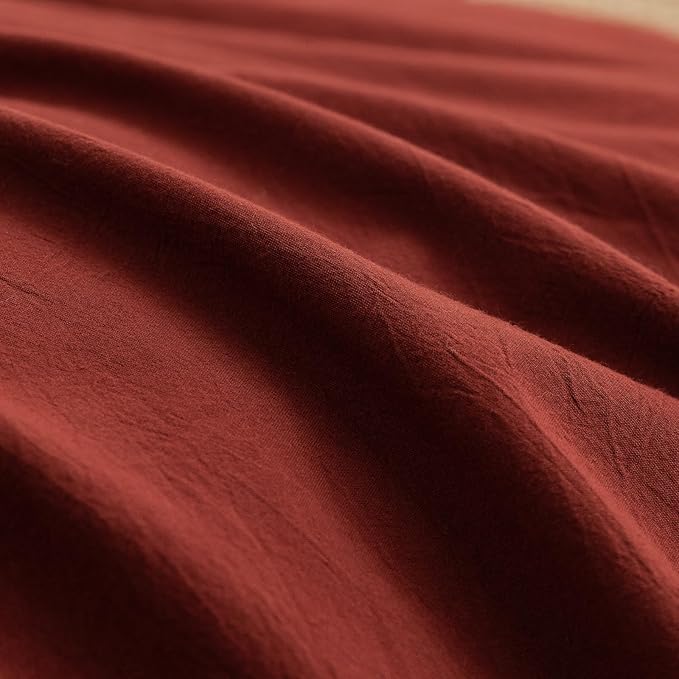 BESTOUCH Duvet Cover Set 100% Washed Cotton Linen Feel Super Soft Comfortable Chic Lightweight 3 PCs Home Bedding Set Solid Fired Brick Red Super Queen