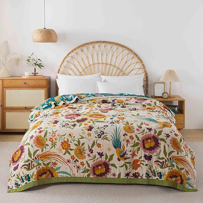 Qidordour Boho Throw Blanket, 60"x80" Muslin Blankets, 100% Organic Cotton Blanket for Couch Sofa, Lightweight Quilt, All Season Bed Throw, Farmhouse Home Decor, C-Phoenix Floral