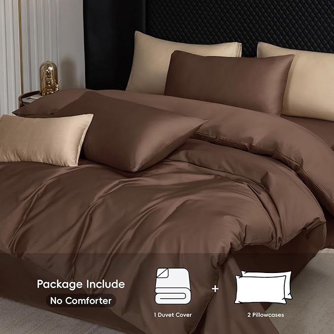 MooMee Duvet Cover Set 100% Extra Long Staple Cotton 600 Thread Count Silky Sateen Smooth Luxury Soft Breathable Durable Hotel Quality Bedding, 2 Pieces (Chocolate Brown,Twin 68"x90")