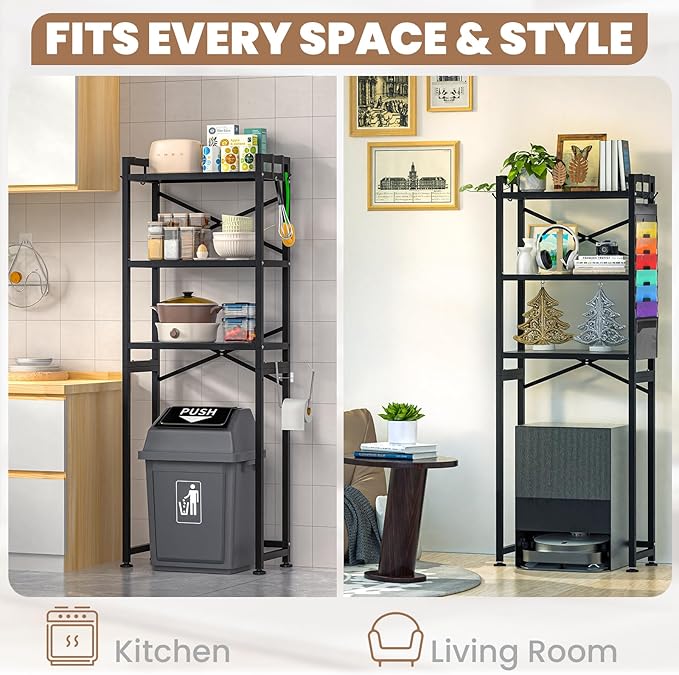 ZZL Over The Toilet Storage,3-Tier,Bathroom Toilet Organizer,Multifunctional Space Saver Freestanding Bathroom Shelves with 4 Hooks,Black