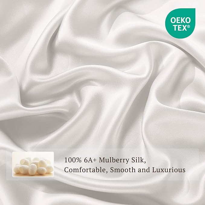 THXSILK 100% Pure Mulberry Silk Duvet Cover Set 3 Piece, 6A+ Grade Luxury Soft Bedding Silk Sheets for Hair and Skin, 1 Pcs Duvet/Quilt/Comforter Cover with 2 Zippered Pillowcases (Cream White, Queen)