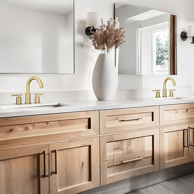 Bathroom Faucet 3 Hole, 8 Inch Widespread with Pop-up Drain, 2 Handle Sink Faucet, Modern Vanity Faucet for Bathroom Sink with 360° Swivel Spout Brushed Gold