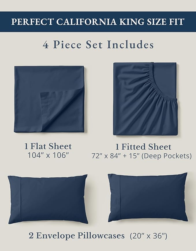 LANE LINEN 100% Organic Cotton California King Bed Sheets, 4-Piece Pure Percale Sheets Soft Breathable Cotton Bed Sheets, Deep Cal King Sheets for Thick Mattress - Navy