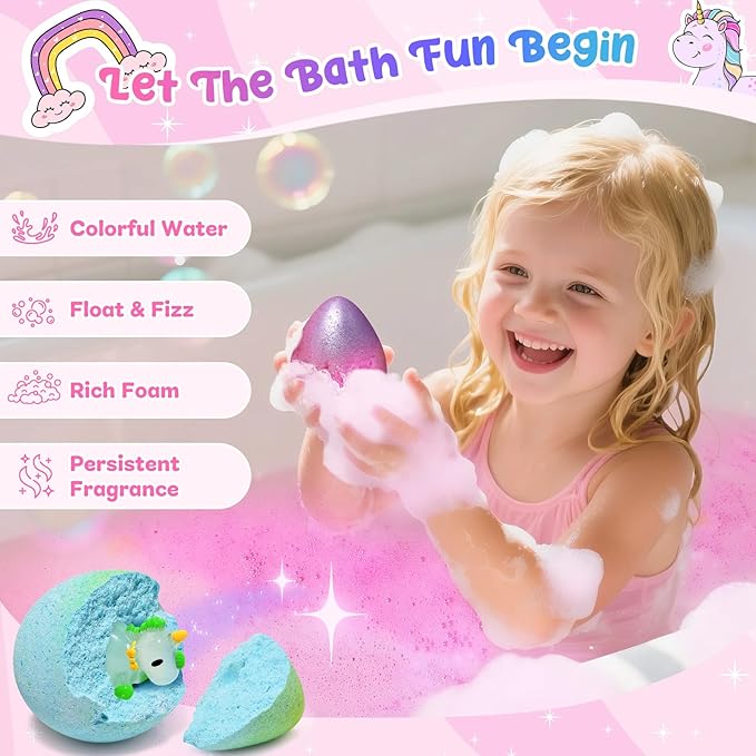 Unicorn Bath Bombs with Surprise Toys Inside, 9 Packs Bubble Bath Bomb for Kids Girls, Christmas Birthday Gifts for Girls, Stocking Stuffers for Kids (36+ Months)