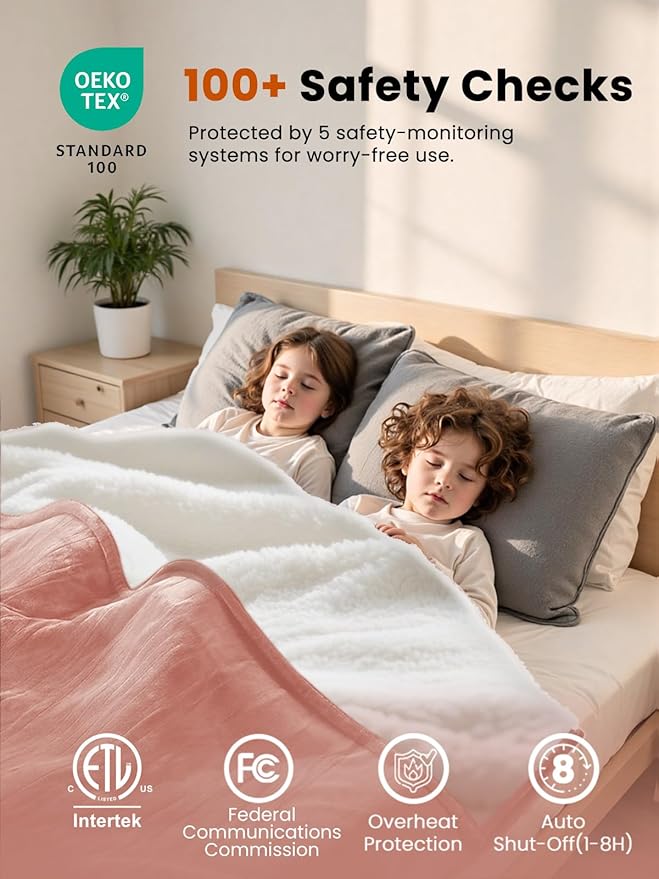 Electric Heated Blanket Queen, Ultra‑Cozy Premium Flannel & Sherpa, Even Heat Distribution & Stable Temp, 1–10H Auto‑Off, 8 Temps (86–125.6°F), Overheat Protection, Ideal Gifts for Grandma