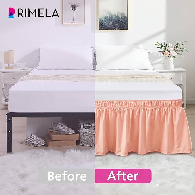 RIMELA Peachy Coral Bed Skirt King Size 18 Inch Drop, Wrap Around Elastic Bedskirt, Dust Ruffle for Adjustable Bed Base Machine Washable Easy to Install Bed Skirts