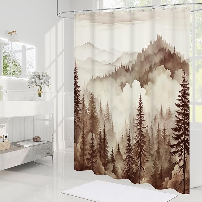 Brown Misty Pine Forest Shower Curtain, Tan Mountain Foggy Woodland Scenery Tree Shower Curtains for Chic Rustic Bathroom, Abstract Modern Waterproof Nature-Themed Decor, 72x72 Inches