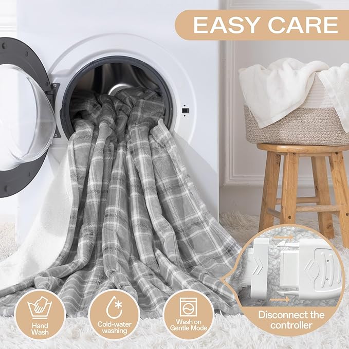 Heated Blanket Full Size, Electric Blanket 72"x84" for Bed with 8 Fast Heating Levels & 10 Hours Auto Shut-Off, Grey Plaid Warm Soft Flannel Blanket Gift for Women Grandma Machine Washable