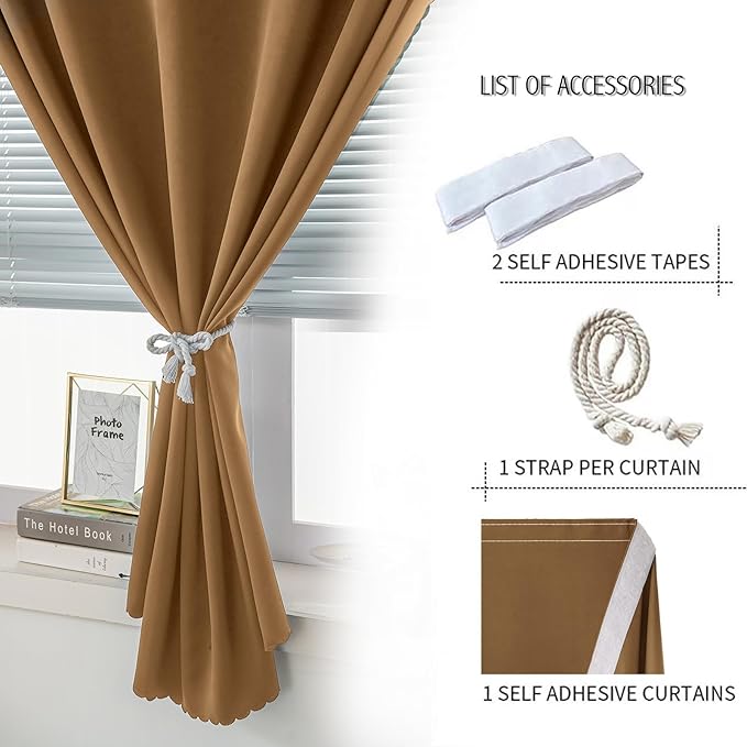 Self Adhesive Curtains, Stick Curtain Blackout Shades Window Cover Curtains for Living Room No Drilling, 35" W X 71" L, Brown, 1 Panel