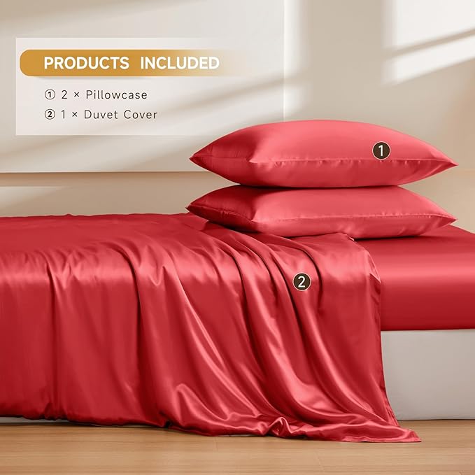 THXSILK 100% Pure Mulberry Silk Duvet Cover Set 3 Piece, 6A+ Grade Luxury Soft Bedding Silk Sheets for Hair and Skin, 1 Pcs Duvet/Quilt/Comforter Cover with 2 Zippered Pillowcases (Red, King)