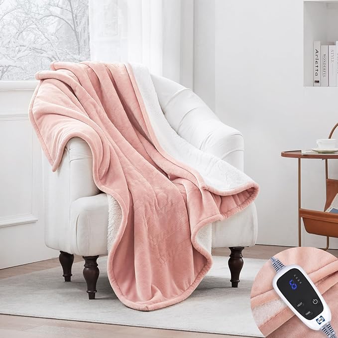 SEALY Heated Throw Blanket, Flannel & Sherpa Electric Throw with 6 Heat Setting & 2-10 Hours Auto Shut Off, Fast Heating & Machine Washable, 50x60 Inch, Pink