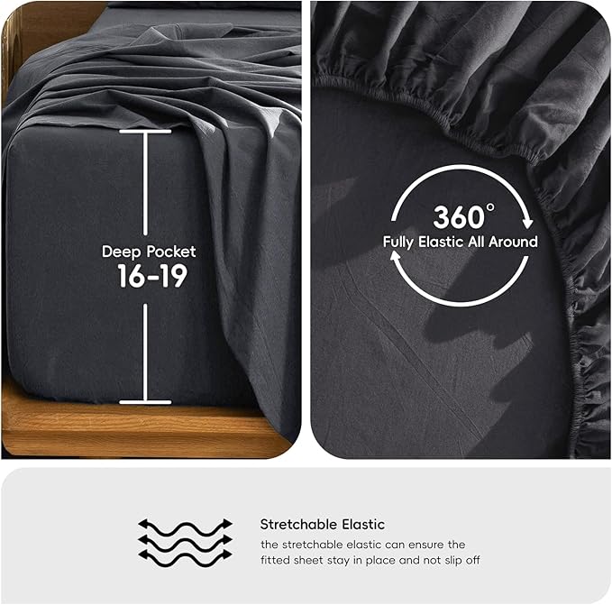MooMee Bedding Sheet Set 100% Washed Cotton Linen Like Textured Breathable Durable Soft Comfy (Solid Deep Grey, King)
