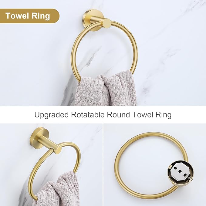 Lairuier Brushed Gold Bathroom Hardware Set, 10-Piece Towel Bar Set SUS304 Stainless Steel Bathroom Hardware Accessories Set Round Towel Holder Set Wall Mounted