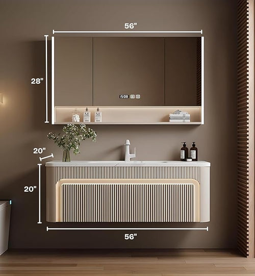 56” Bathroom Vanity Set, Floating Bathroom Vanities with Single Sink, Smart Defog Mirror Cabinet and LED Strip Light, Oak Wood Elegant Bathroom Cabinet with Storage Space (Milk Coffee)