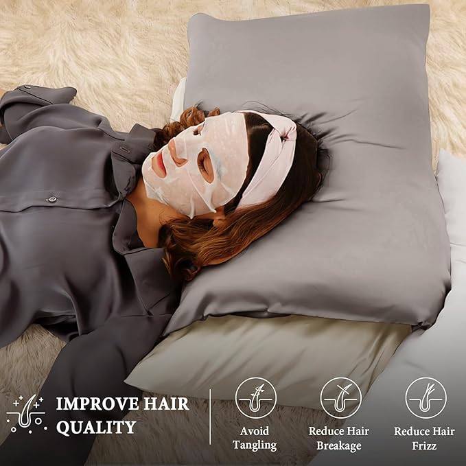 BHZ Satin Goose Down Feather Pillows King Size with Satin Pillowcase for Hair and Skin, Cooling Pillow Cases Similar to Silk Pillow Cases, Decorative for Women, Mom Men, Grey