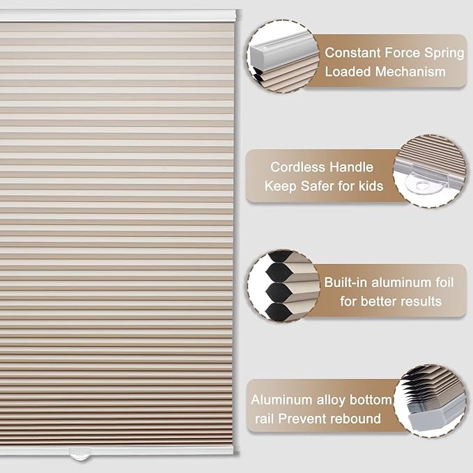 MYshade 1.5-Inch Cellular Cordless Blackout Shades,Thermal Insulating Noise Reducing Waterproof Blinds,Honeycomb Window Treatments for Indoor Light Control (Beige-36 W x 72" H)
