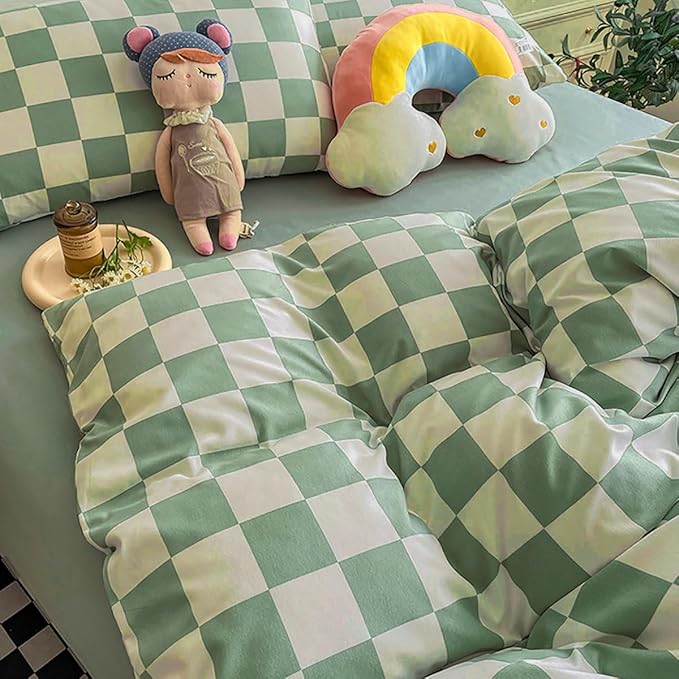 KAREVER Green White Grid Comforter Set King Sage Green Plaid Bedding Set Women Light Green White Checkered Bed Set Breathable Blanket Set Men Durable Bedding Comforter Set