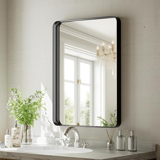 VooBang Bathroom Mirror 20x30 inch, Black Gorgeous Deep Frame Wall Mirror, Modern Round Corner Bathroom Vanity Mirror for Over Sink Hanging or Leaning Horizontal or Vertical, Black